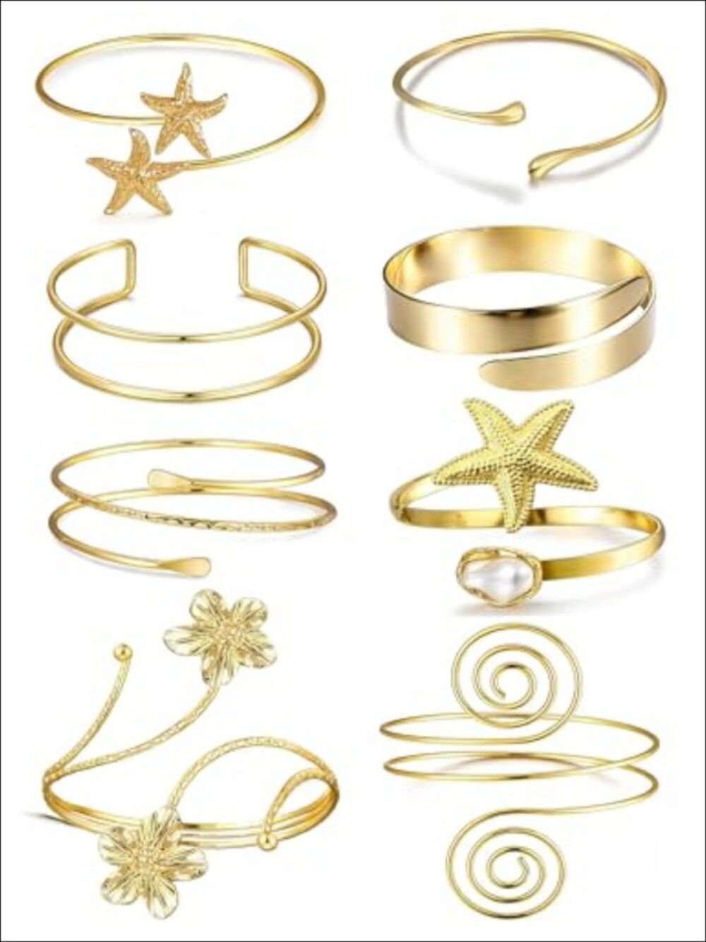 Gold Plated Arm Cuff Bracelet Set Starfish Pearl Flower Open Cuff Jewelry